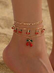 3pcs/Set Sweet Cherry Pendant Anklet, Cute Cherry Tassel Foot Jewelry Fashion Anklet Set, Suitable For Daily Wear, Beach Party, Dating - Multicolor - View 1