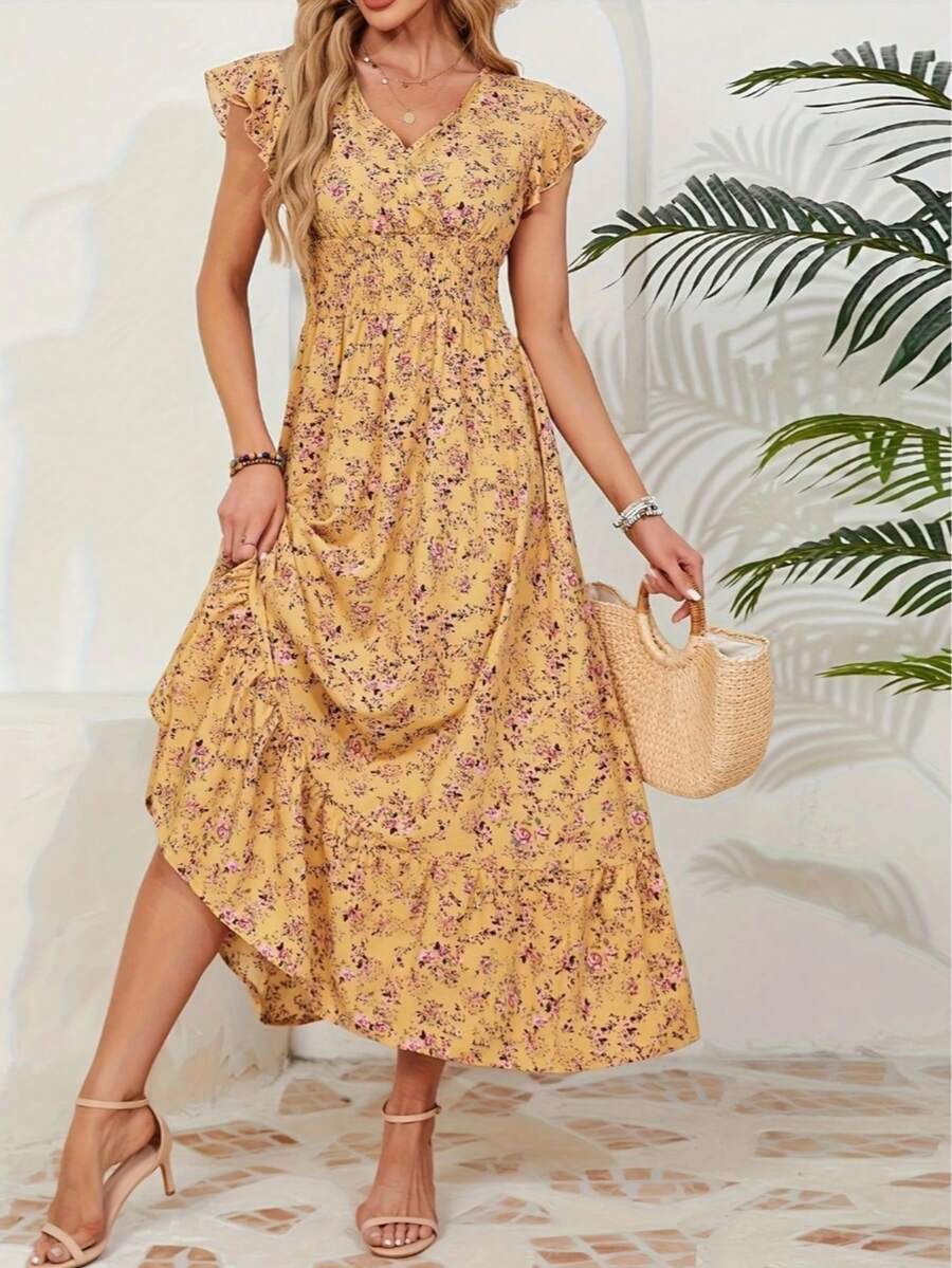 Printed Waist Tie A-Line Mini Dress With Ruffle Hem Sleeves, Holiday Vibe - Yellow - View 1
