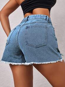 Conjunto de shorts cargo mini de mezclilla con cintura elástica y bolsillo lateral, estilo callejero y de fiesta Y2K, casual para primavera/verano - azul real - Ver 4