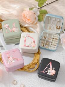 A-Z Floral Letter Pattern Travel Jewelry Box, Portable Zipper Travel Jewelry Storage Box, Gift Box For Women, PU Leather Waterproof Jewelry Box For Rings, Pendants, Earrings, Necklaces, Etc. - Gift Boxes For Girls And Women, Sun Travel Cool Back To School