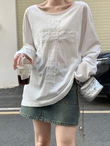 1件女士宽松蕾丝长袖T恤打底衫休闲白色春季款 - 白色 - 查看 5