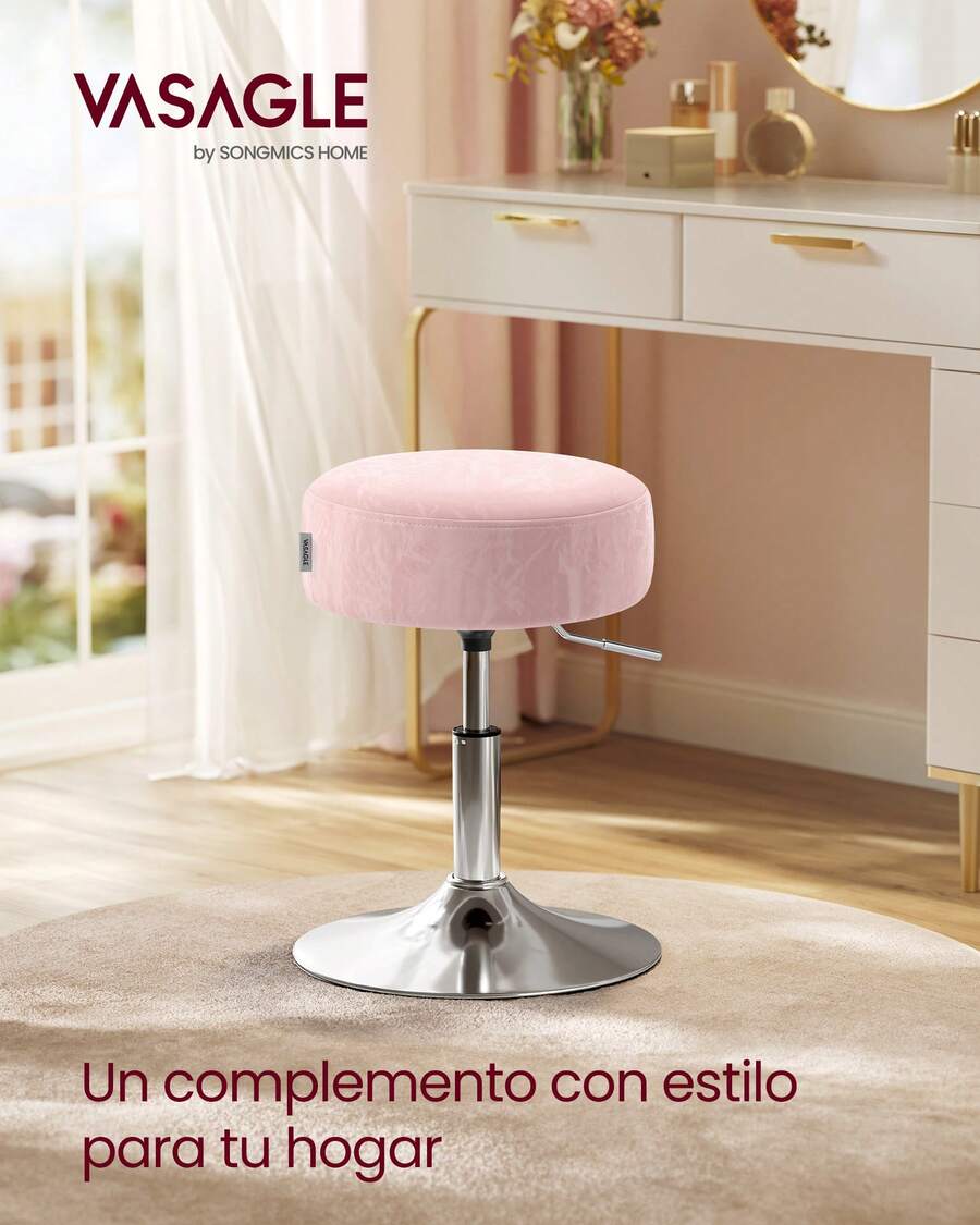 VASAGLE Taburete de Maquillaje, Silla de Tocador, Altura Ajustable, 360° Giratorio, PU, Asiento Grueso, para Dormitorio Cocina Comedor, Moderno, Rosa Jalea