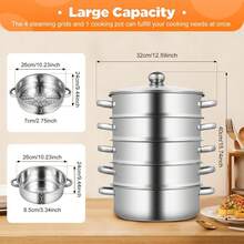 HOHOBLA Steamer, 26cm/10.23in 5-Tier Stainless Steel Steam Cooker With Glass Lid And Handle Stackable Multipurpose Steam Pot Set For Home Restaurant All Hobs (1 X Bottom Pot 4 X Steaming Grids) - Silver - View 3