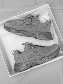 Men's Retro Gray Leather Splicing Letter Decor Outdoor Sports Shock Absorbing Running Shoes, Niche Round Toe Lace-Up All-Match Casual Couple Sports Chunky Sneakers, For Active Jeans Outfit - Grey - View 7