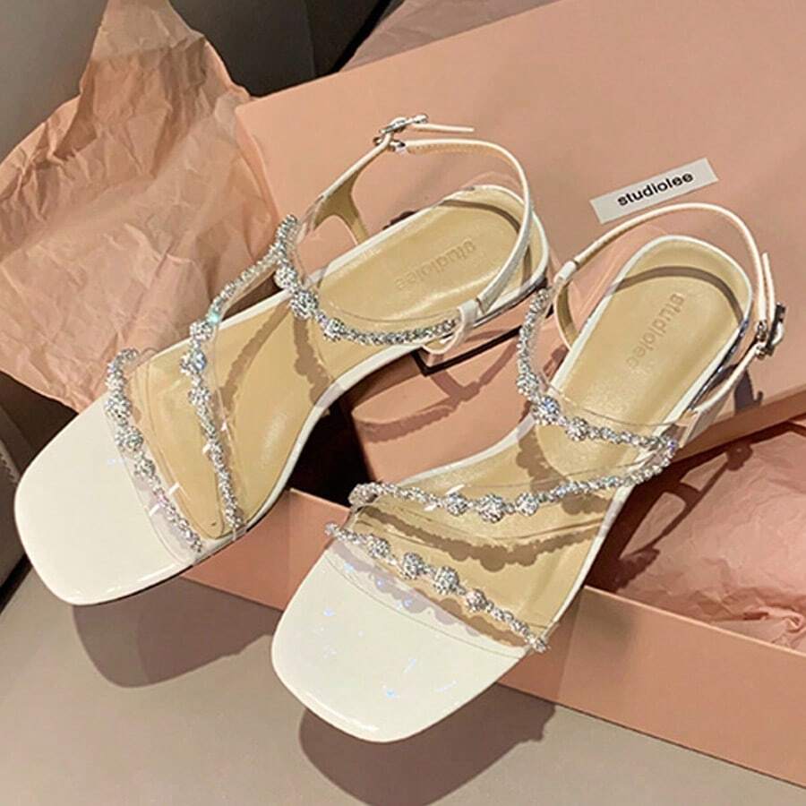 Summer Exquisite Square Head Transparent Flash Diamond Line With Thick Heel Sandals For Women - Silver - View 1