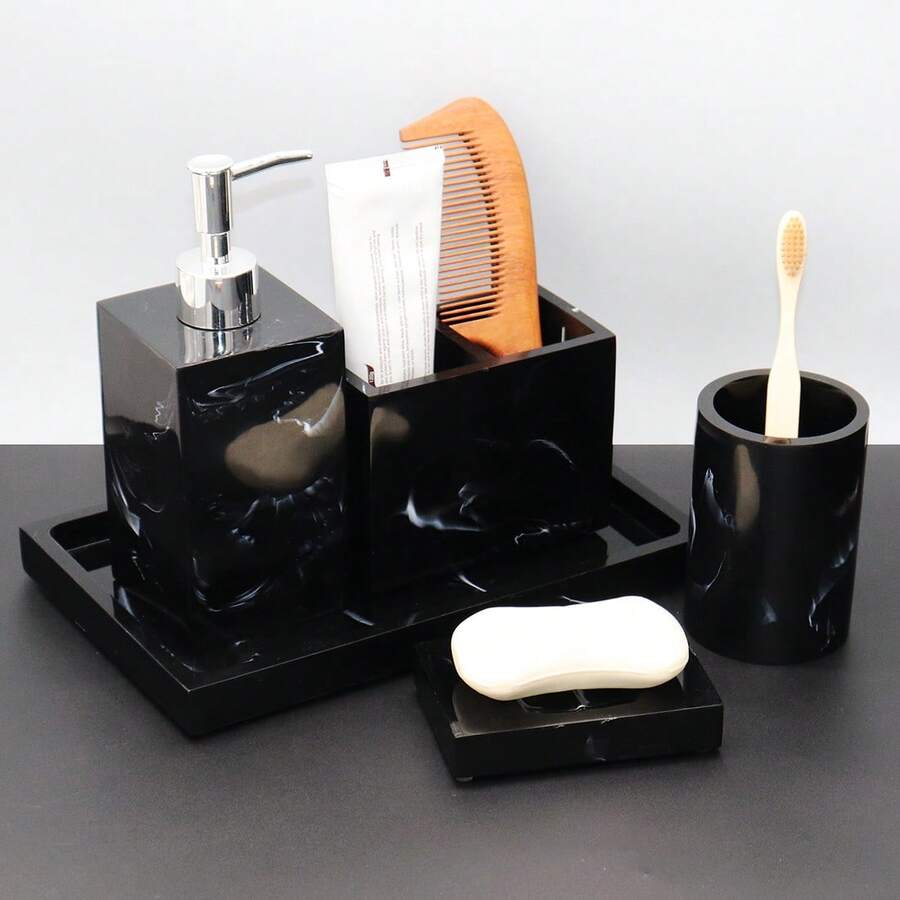 Polyresin Bathroom Set Including Soap Dispenser Bottle, Toothbrush Holder, Soap Dish, Cup, Tray, Comb Rack For Bathroom Decor & Organization, Customize As Desired Bathroom Accessories Bathroom Organizer Fall Decor Back To School Storage