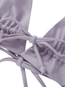 Women's Three-Piece Bikini, Solid Color Ruffle Bandage Halter Bra + Panties + Cover Ups Beach Swimsuit Set - Purple - View 7