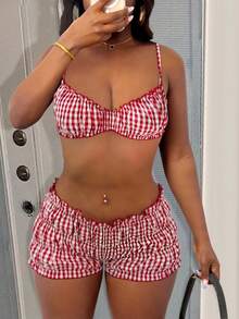 LovelyWholesale Women'S Sexy Striped Camisole Top And Ruffled Shorts For Summer Vacation Outfits Women - Red - View 1