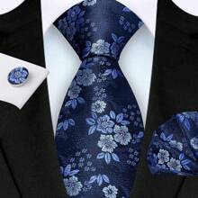 3 Piece Set: 8cm Floral & Patterned Necktie, Handkerchief, And Cufflinks Men's Necktie Set, High Quality Classic Business & Casual Tie Set, Men's Wedding Accessories, Family, Christmas, Party Gift