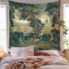 1 pezzo Arazzo da parete in terylene vintage con motivo forestale, decorazione artistica da parete di grandi dimensioni con paesaggio naturale, per soggiorno, camera da letto, dormitorio, casa, stile bohémien, in tessuto di poliestere con motivo paesaggistico