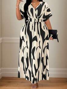 大码印花V领裹身优雅短袖连衣裙 黑色夏季 - 黑色 - 查看 3