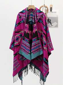 1pc New Geometric & Floral Print Hooded Cape/Shawl - Multicolor - View 3