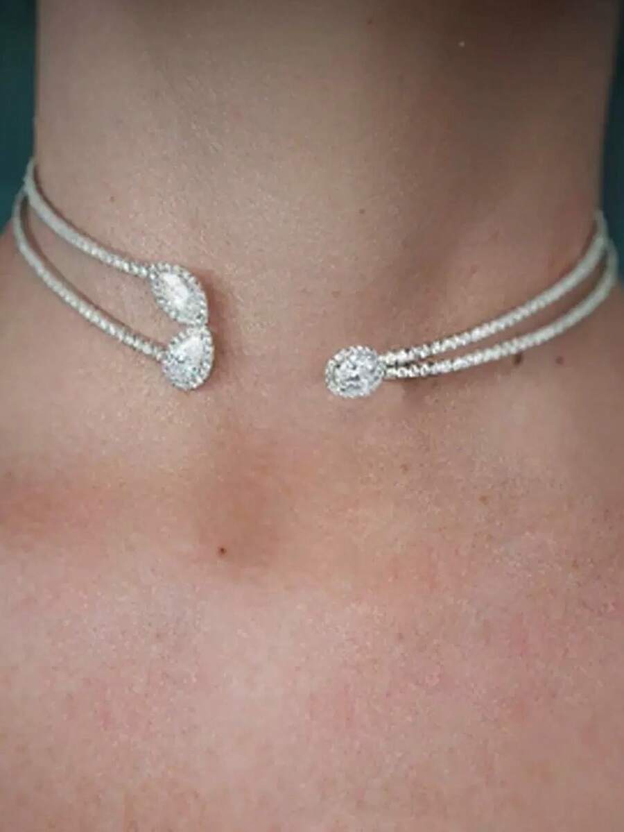 Fashion Double Layer Rhinestone Collar Necklace Jewelry Statement Water Drop Collar Open Adjustable For Women - Multicolor - View 1