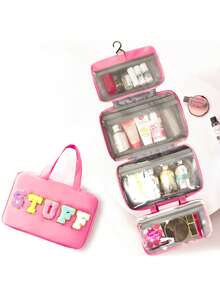 大号悬挂式洗漱包，防水可折叠手提包，旅行化妆剃须刀收纳包，女士化妆包，学习用品，大学宿舍必备，学生毕业礼物 - 玫紅色 - 查看 2