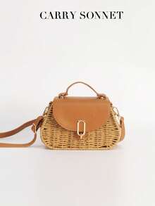 天然复古编织斜挎包，方形经典款式，精致复古皮革搭扣，可调节肩带，时尚必备单品，沙滩包，度假完美之选，时尚女性的理想之选 - 卡其色 - 查看 3