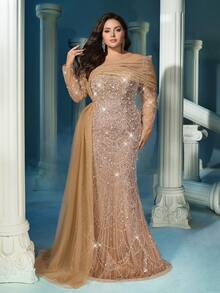 Đầm dạ hội dáng đuôi cá dài tay lấp lánh màu sâm panh quyến rũ, cỡ lớn, đính sequin (được trang trí cầu kỳ) - Rượu sâm banh - Xem 3