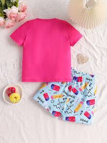 2 Pieces Girls Toddler Short Sleeve Shorts Pajama Set, Knitted Fabric Pencil Print Loungewear - Pink - View 2