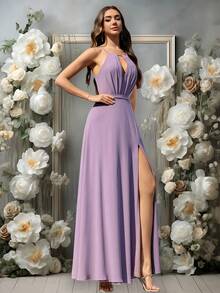 Volly Toych 薰衣草色优雅A字褶皱雪纺正式伴娘礼服、婚礼宾客礼服、假日长裙 - 淺灰紫 - 查看 4