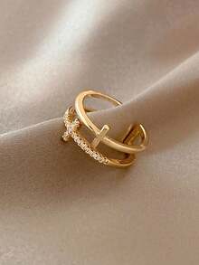 1pc 18K Gold Plated Double Layer Rhinestone Cross Ring, Smooth Open Band Style Suitable For Women Party Wear, Girlfriend Gift