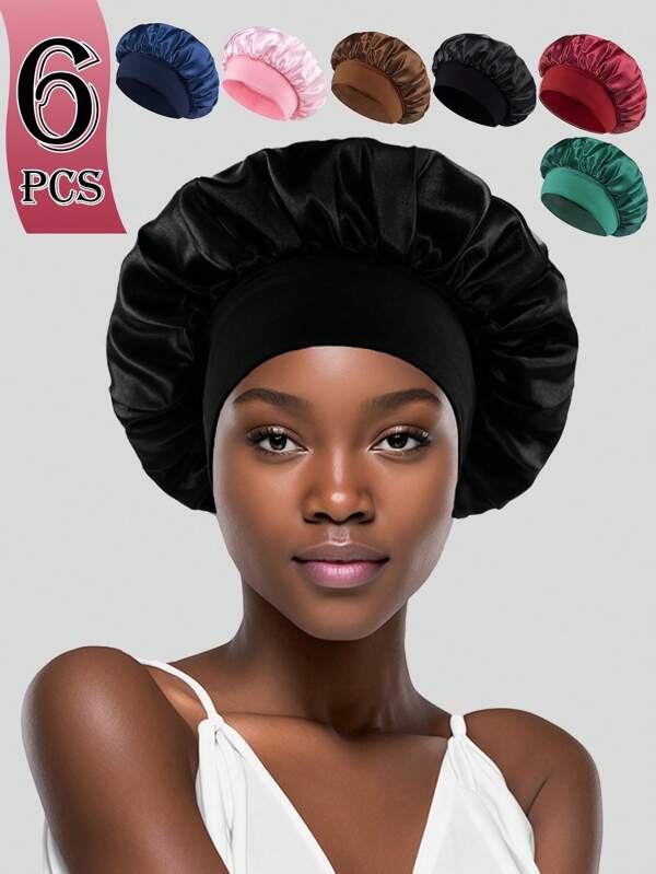6 Peças Boné de Dormir com Aba Larga de Cetim Sólido Clássico, Chapéu de Dormir Vintage Casual e Elegante para Mulheres, Cuidados com o Cabelo Quimioterápico, Adequado para Todas as Estações