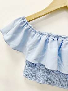 2 piezas Conjunto de verano para niñas, Blusa corta con hombros descubiertos y volantes + Pantalones anchos de cintura alta, Conjunto casual elegante y dulce para niños - Celeste - Ver 6