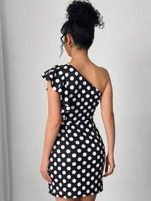 2025 Retro Colorblock Polka Dot Asymmetrical Shoulder Ruffle Sleeve Casual Sheath Dress, Suitable For Commute And Daily Wear - Black - View 3