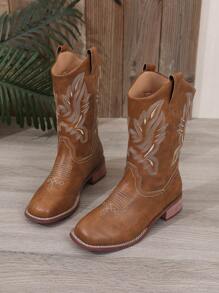 Women's Thick Heel Slip-On Embroidered Brown Western Ankle Booties, Go With Sweater Square Toe Mid-Calf Fashion Cowboy Boots, New Autumn Winter Short Shaft Riding Boots