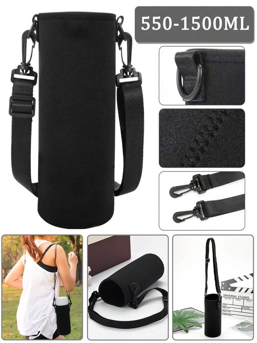 1pc 550-1500ML Sports Water Bottle Case Insulated Bag Crossbody Cup Protector Sleeve With Strap Adjustable Carrier For Mug Bottle Holder - Black - View 1