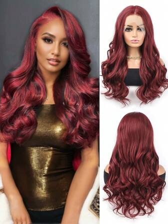 Peluca sintética de fibra de encaje frontal de onda corporal roja de 13x4 pulgadas para mujeres, color rojo borgoña 99j, ondas largas, pre-desplumada, suave, para uso diario y de fiesta, 24 pulgadas
