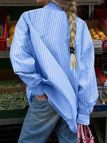 VIVINA Damen Große Größen Lässig Minimalistisches Gewebe Gestreifter Kragen Taschen Knopf-Bluse, geeignet für Ausflüge, Dates, Büro, Reisen und Flughafen