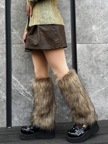 1 paire de jambières en fausse fourrure marron, couleur unie, style Y2K, toutes saisons, douillettes