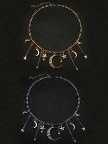 قلادة معلق بتصميم بسيط عصري بشكل نجوم وقمر وشمس، سلسلة أحادية الطبقات مناسبة للنساء للارتداء اليومي والمناسبات، إكسسوار قلادة متعدد الاستخدامات هدية