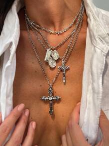 4 pezzi set di collane multistrato con pendente geometrico rotondo in metallo vintage, collana con ciondolo a croce di Gesù in stile punk per donna