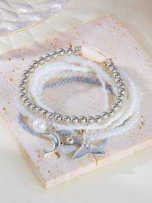 Conjunto de 3 pulseiras de pérolas em camadas, estilo boêmio, praia, concha, tartaruga, rabo de peixe, design versátil