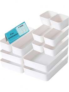 1/4/6/5/9 Pieces Of White Plastic Storage Box, Drawer Storage Set, Multifunctional Bathroom And Dressing Table Drawer Storage Tray, Cosmetics Storage Box, Bedroom, Kitchen Small Tools And Office - White - View 10