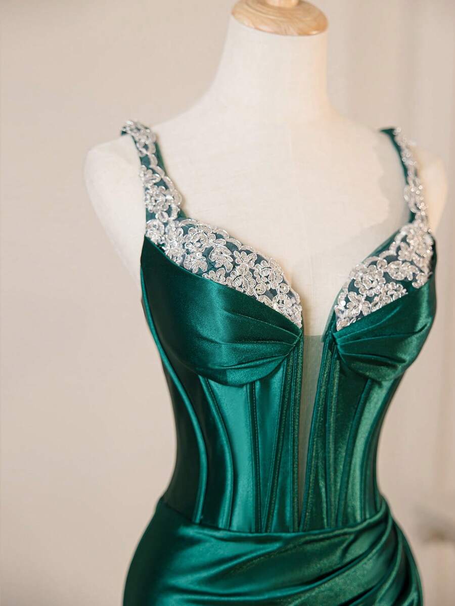 复古细肩带性感蕾丝维多利亚风格优雅迷人无袖紧身胸衣吊带连衣裙，鸡尾酒会美人鱼伴娘礼服派对、正式礼服、晚礼服、婚礼宾客礼服 - 墨綠色 - 查看 1