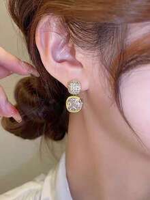 1 Pair Women Elegant Vintage Geometric Rhinestone Inlaid Pink/White Simple Dangle Earrings - Pink - View 6