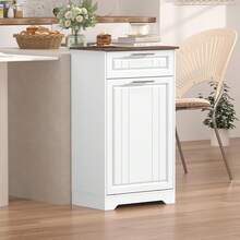 Single 10 Gallon Tilt Out Trash Can Cabinet, Wooden Hidden Garbage Can Holder With Storage Drawers For Kitchen And Dining Room, Laundry Hamper Cabinet For Bathroom, White - 白色 - 查看 7