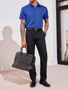 Runcati Mens Luxury Satin Silk Dress Shirts Casual Button Down Short Sleeve Prom Party Wedding Shirt - 寶藍色 - 查看 4