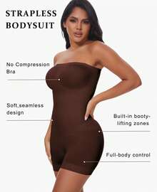Women Strapless Body Shaper Bodysuit Shorts Tummy Control Slimming Underwear Shapewear With Removable Strap - Brown - View 2