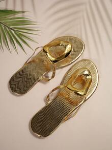 Women Flat Sandals Stylish Gold Toe Post Slip-On Casual Versatile Outdoor Beach Flip Flops - Gold - View 4