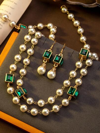1pc Necklace & 1 Pair Earrings, Women's Fashion Jewelry Set With Sugar Cube & Emerald, Elegant & Exquisite Design For Party, Banquet & Daily Wear
