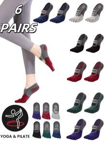 6 Pairs Women Sport Toe Separator Socks, Contrasting Color Letter Knit, Non-Slip Grip Suitable For Pilates, Ballet, Dance, Barefoot Workout, Spring/Summer