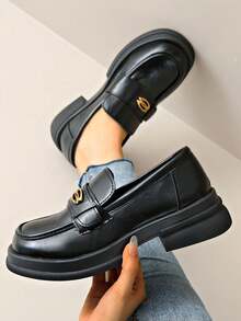 2025 Wiosna Nowe Skórzane Buty W Stylu Japońskim Dla Kobiet, Czarne Grube Podeszwy Zwiększona Wysokość Wsuwane Mokasyny, Retro Brytyjski Styl JK Moda Uniwersalne Płaskie Buty - Czarne - Zobacz 5