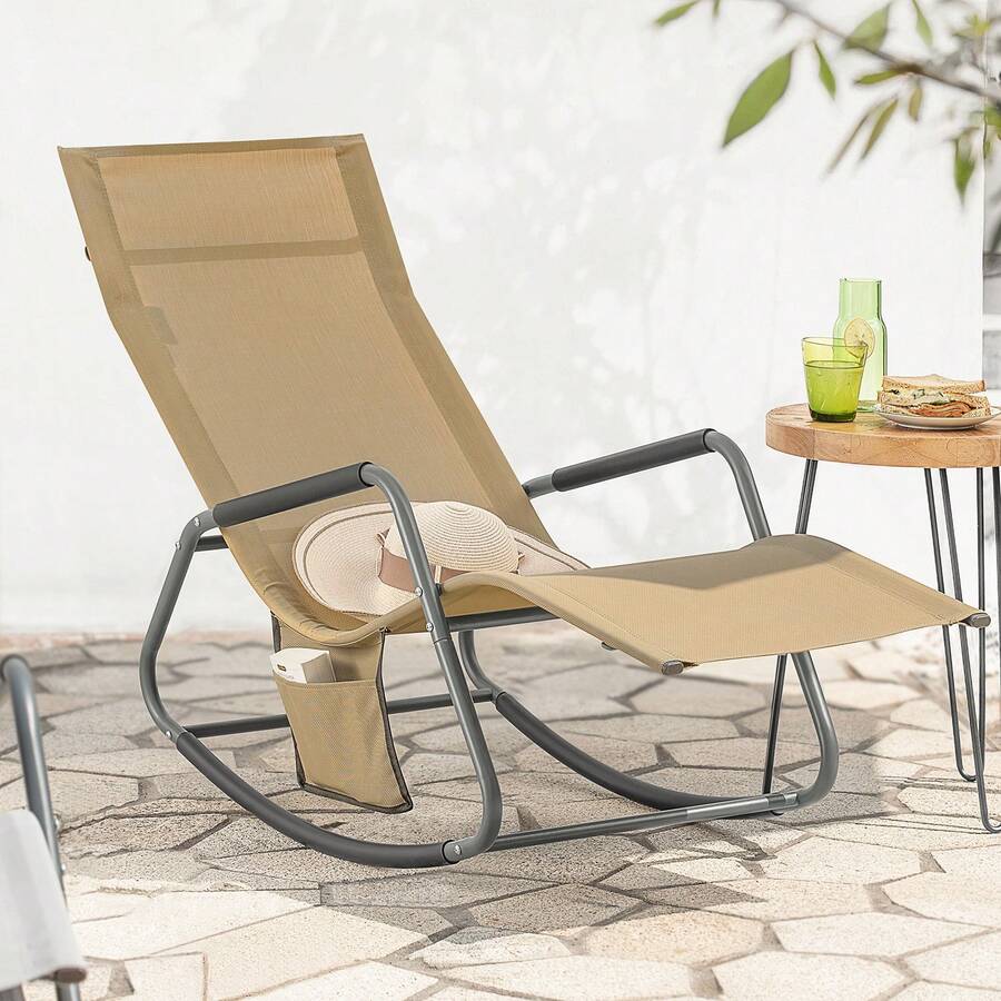 SoBuy OGS47-HG, Ghế bập bênh ngoài trời, ghế thư giãn, ghế ngả, ghế tắm nắng có túi bên hông, màu xám nhạt - Lạc đà - Xem 1