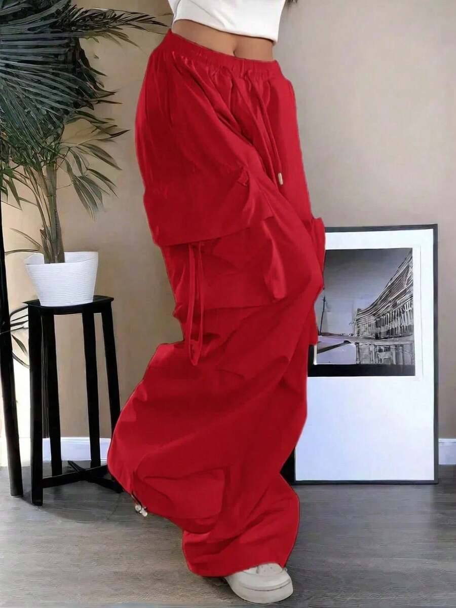 街头高腰翻盖口袋抽绳腰部弹性下摆褶饰休闲阔腿降落伞工装裤 Y2K 音乐节