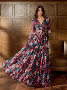 优雅 V 领灯笼袖花卉印花礼服花园派对礼服晚礼服、长袍、婚礼宾客礼服