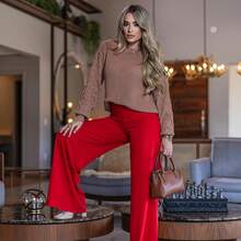 Blusa de Frio Feminina Tricô Inverno Ponto Crochê Pelota Manga Suéter de Lã Macia  Simples  Casual    Malhado - Marrom Claro - Visão 4