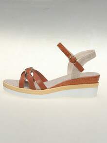 2025 Plus Size Roman Style Open Toe Solid Color Round Toe Strap Ankle-Strap Platform Wedge Sandals, Suitable For Weddings, Office, Outdoor In Summer - Brown - View 3