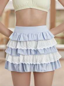 Women's Plaid Print Mini Skirts High Waist Lace Patchwork A-Line Skirts Layered Ruffle Skirts - Biru - View 5